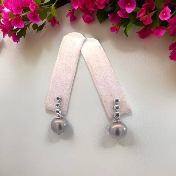 Tahitian Pearl & Sapphire Earrings 14k Gold 9.46 mm Certified $1,790 111301 - Picture 5 of 12